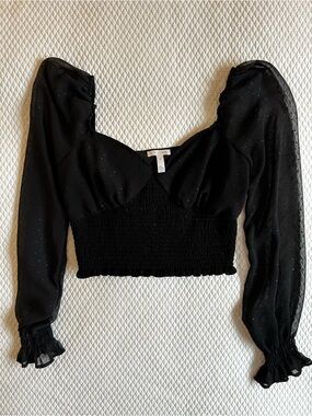 Leith Black Sheer Puff Sleeve Smocked Crop Top